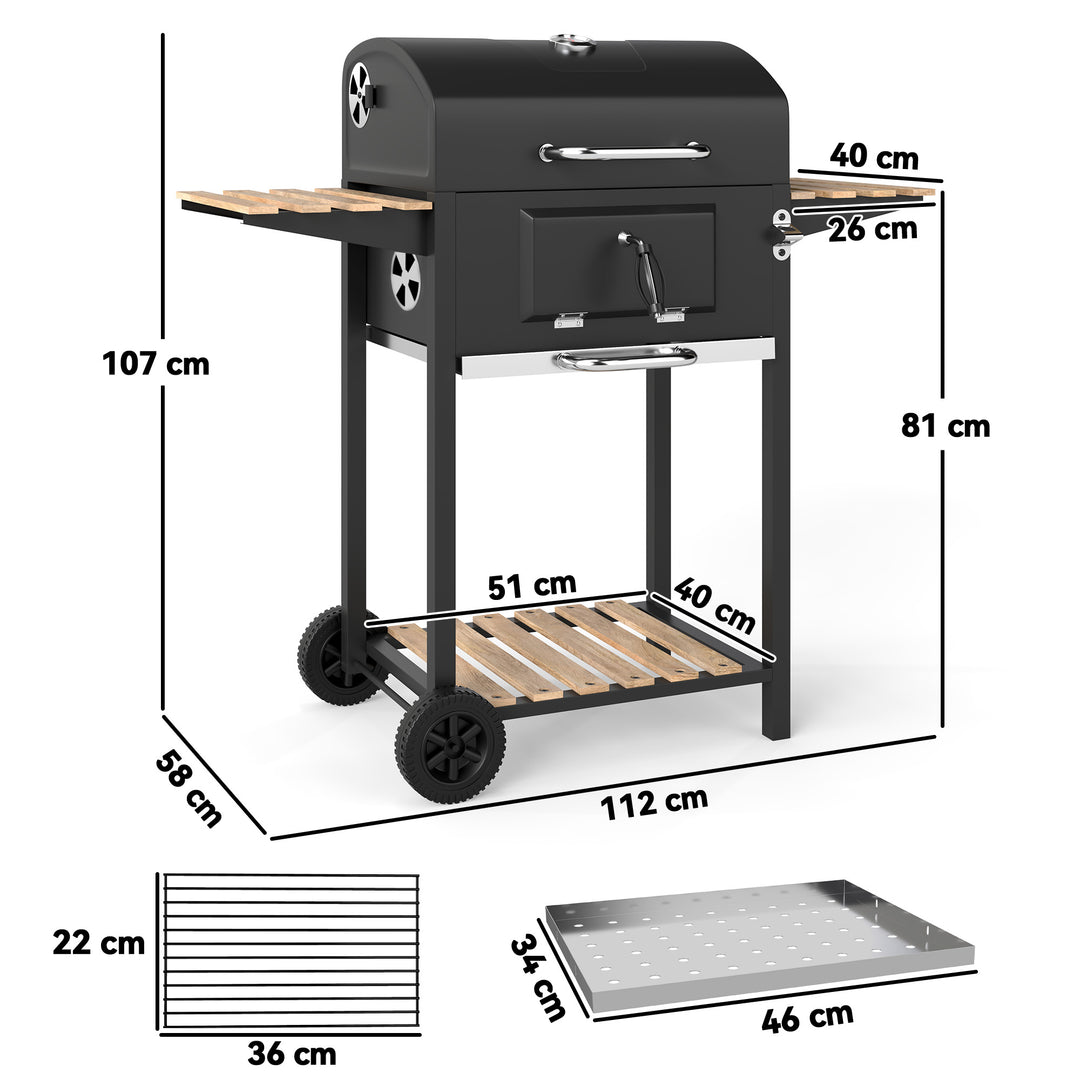 Kulgrill, højdejusterbar kulpande, grillvogn, hylder, termometer, flaskeåbner, stål, træ, sort