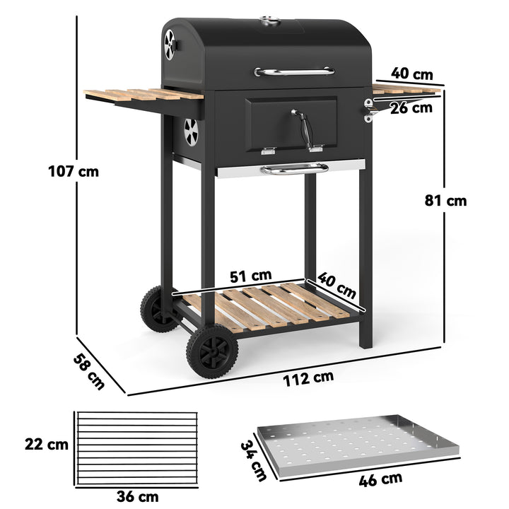 Kulgrill, højdejusterbar kulpande, grillvogn, hylder, termometer, flaskeåbner, stål, træ, sort
