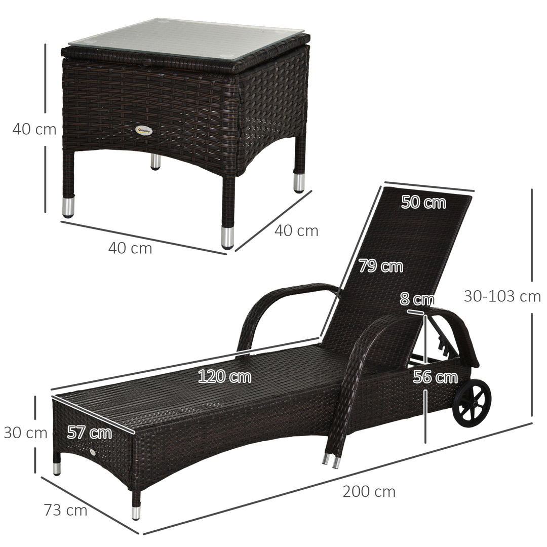 Sæt med 3 liggestole, 2 havestole med sidebord, inklusive hynder, polyrattan, brun og cremehvid