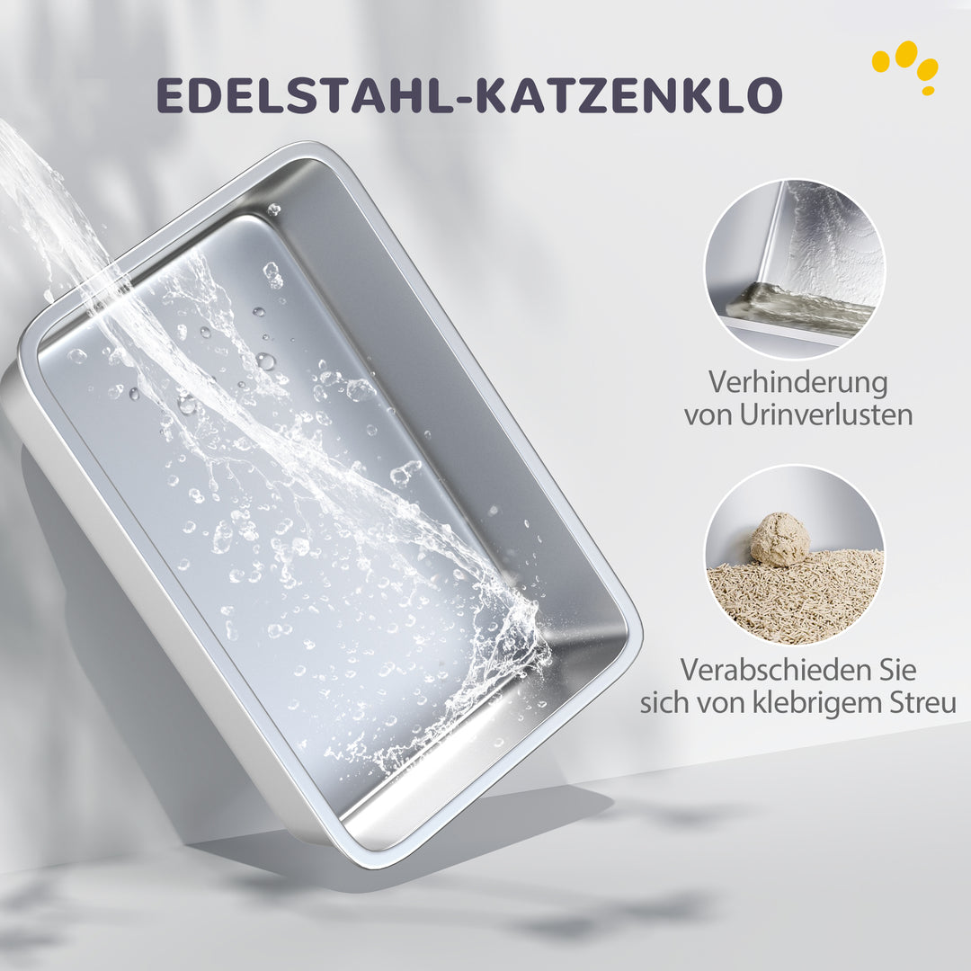 Kattebakke, bakke i rustfrit stål, filter, ske, til katte op til 6 kg, 40,5 x 60,5 x 41,5 cm, hvid/sølv