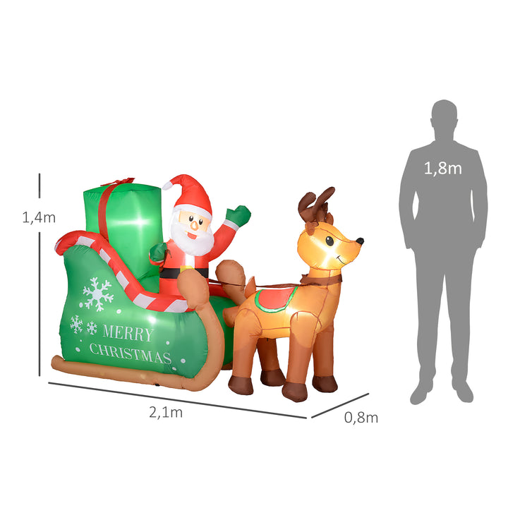 Julemand med kane og rensdyr, oppustelig, hvid led-belysning, 210 x 80 x 140 cm