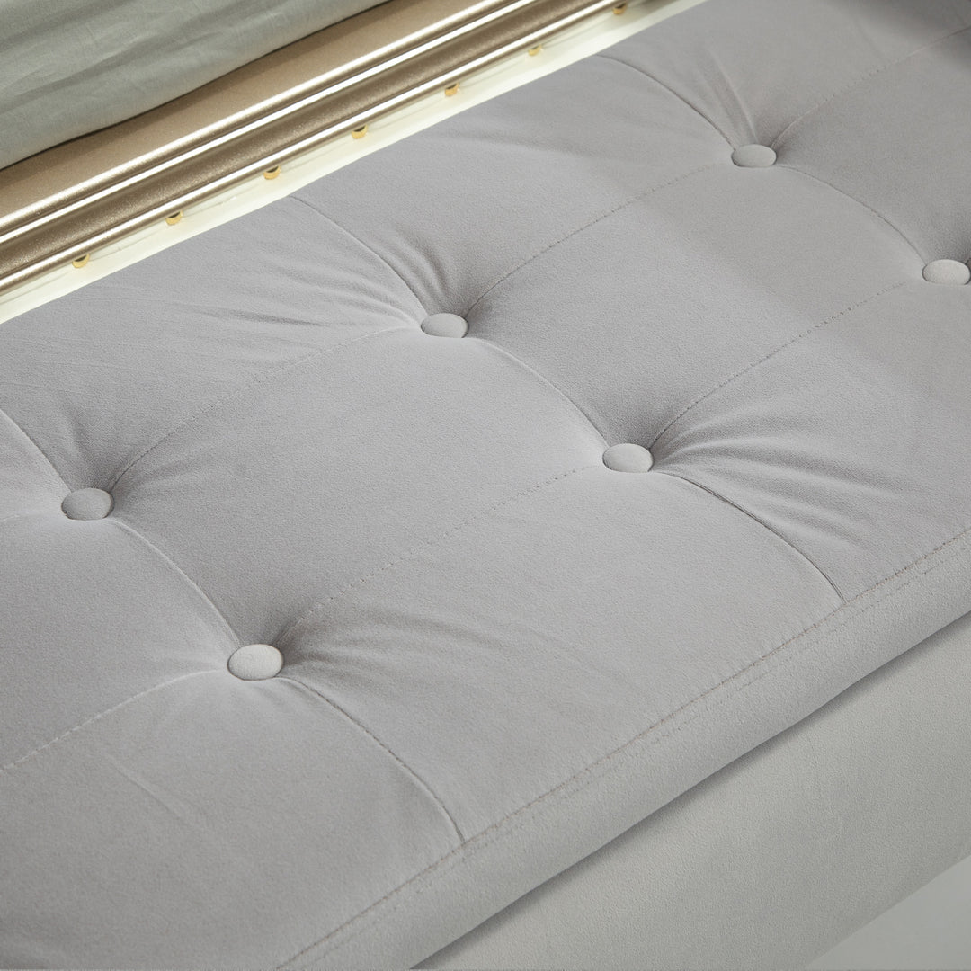 Opbevaringsbænk med armlæn, kommodebænk, fløjlspolyester, gummitræ, lysegrå, 107 x 42 x 65 cm