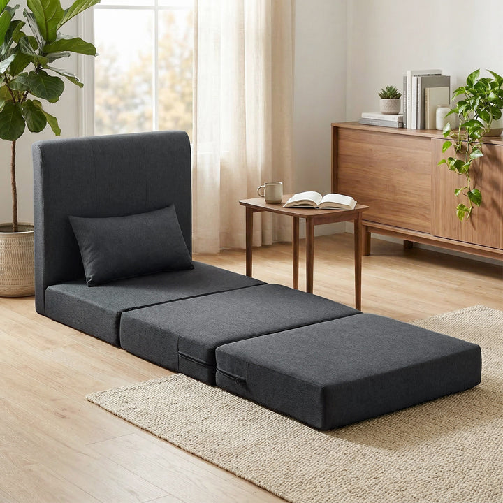 2-i-1 sovesofa, foldbar sovesofa med hørtekstur, polstret gæsteseng, klapstol, mørkegrå
