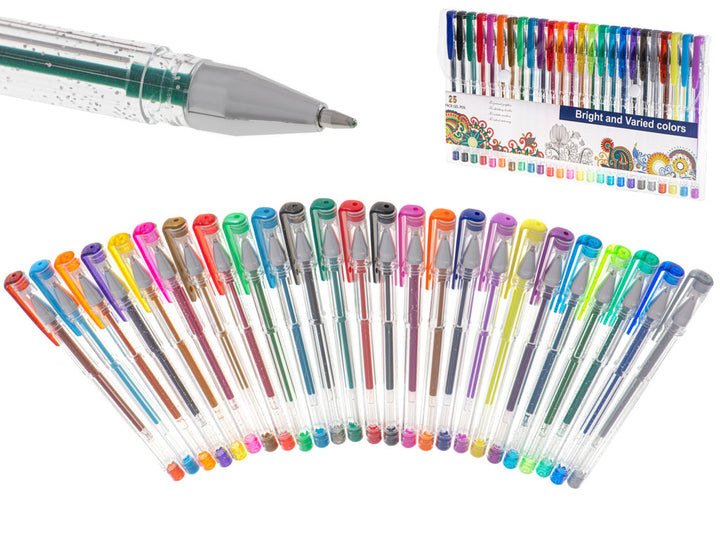 Sæt med 25 farvede glitter gelpenne.