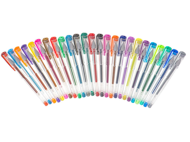 Sæt med 25 farvede glitter gelpenne.