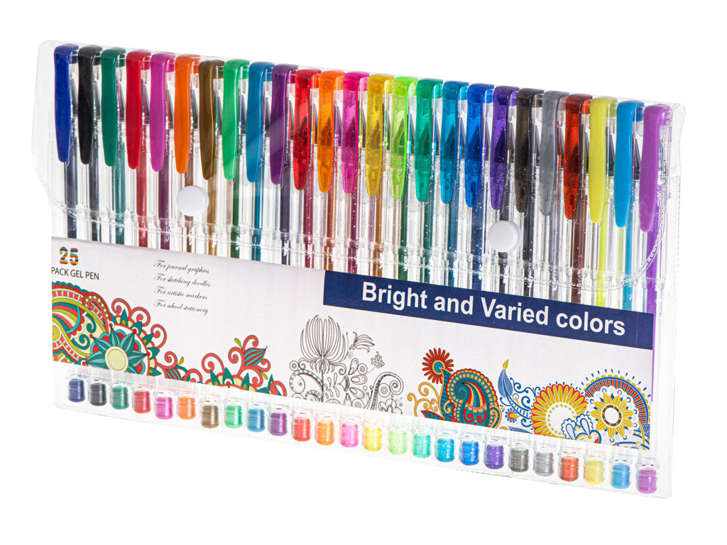 Sæt med 25 farvede glitter gelpenne.