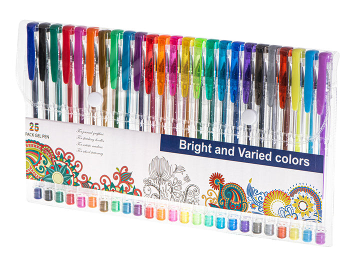 Sæt med 25 farvede glitter gelpenne.