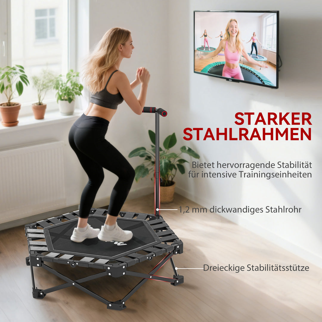 Fitnesstrampolin med justerbart T-håndtag, foldbar, bæretaske, 120 kg lasteevne, stål, plastik, sort
