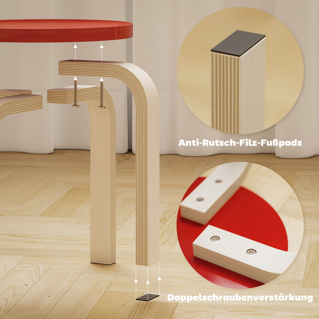 4 Stabelbare skamler med filtfodpuder, birkekrydsfiner, lakeret, farverig