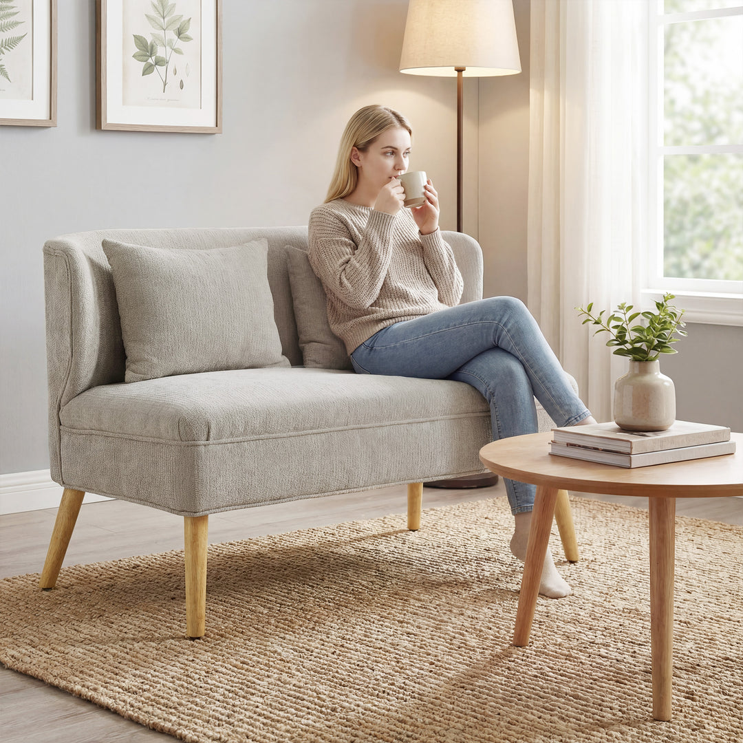 2-personers sofa, lille chenillesofa med ryglæn, tykt sæde, gummitræfødder, beige