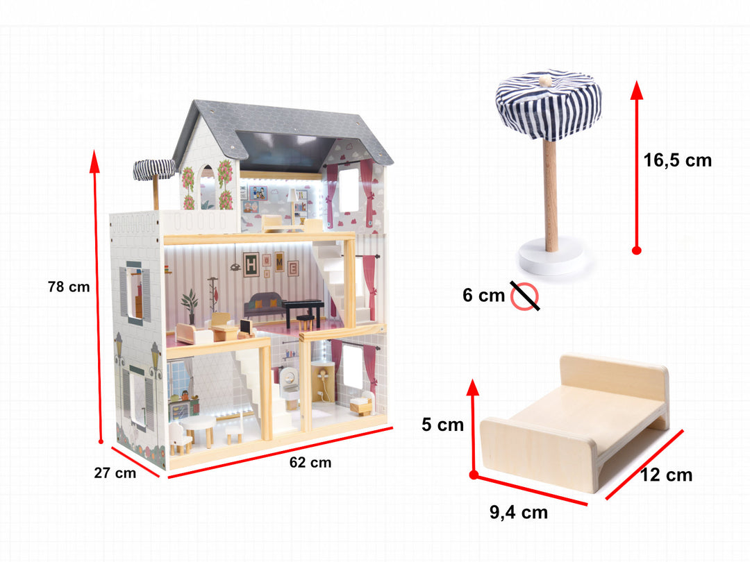 MDF trædukkehus + møbler 78 cm sort LED