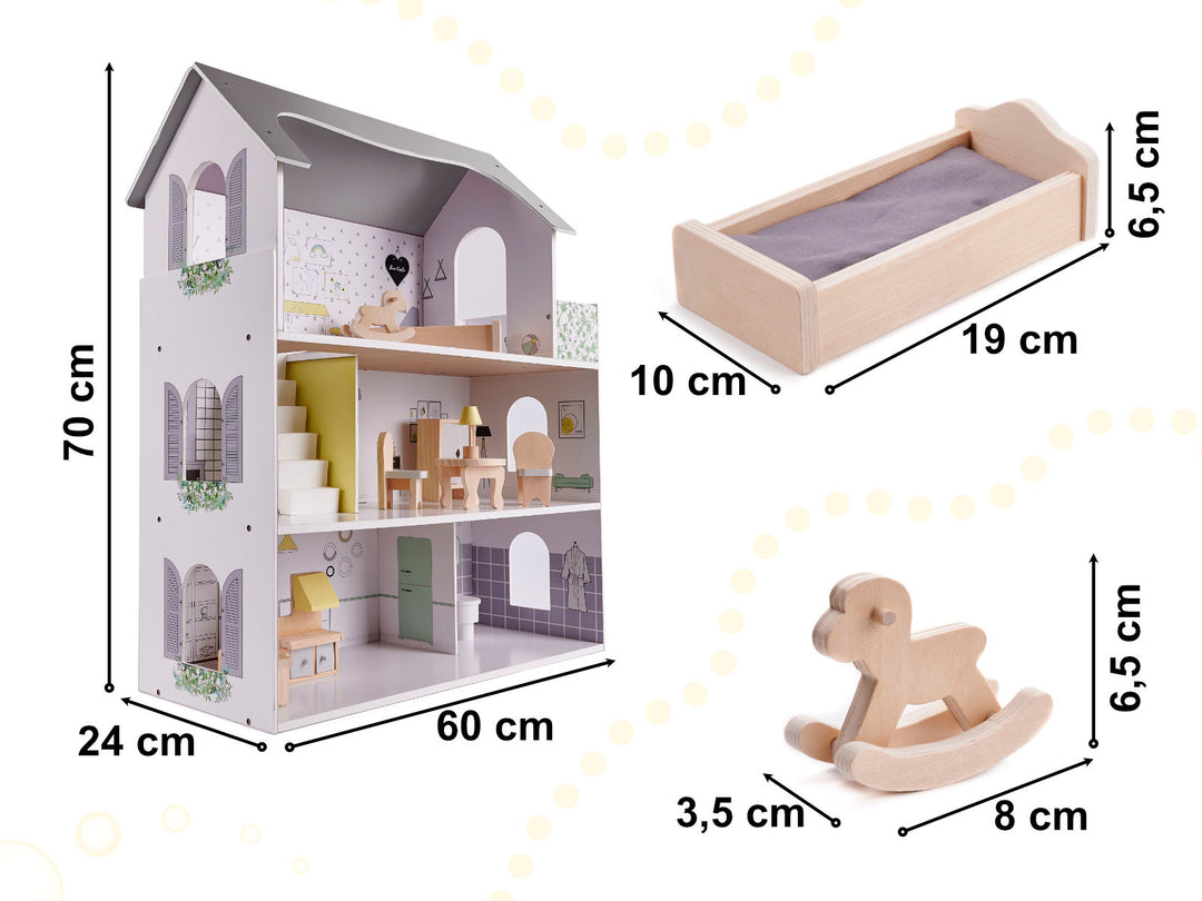 Trædukkehus + møbler 70 cm grå