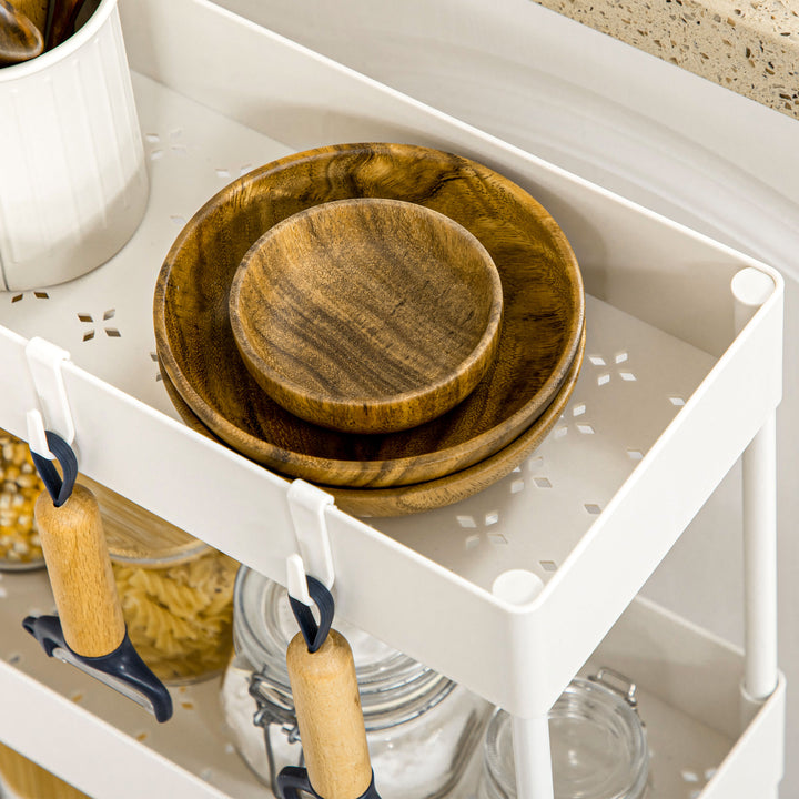 Køkkenvogn med 4 hylder, 4 fleksible kroge, 4 hjul, 40 cm x 19 cm x 90 cm, nichevogn, hvid