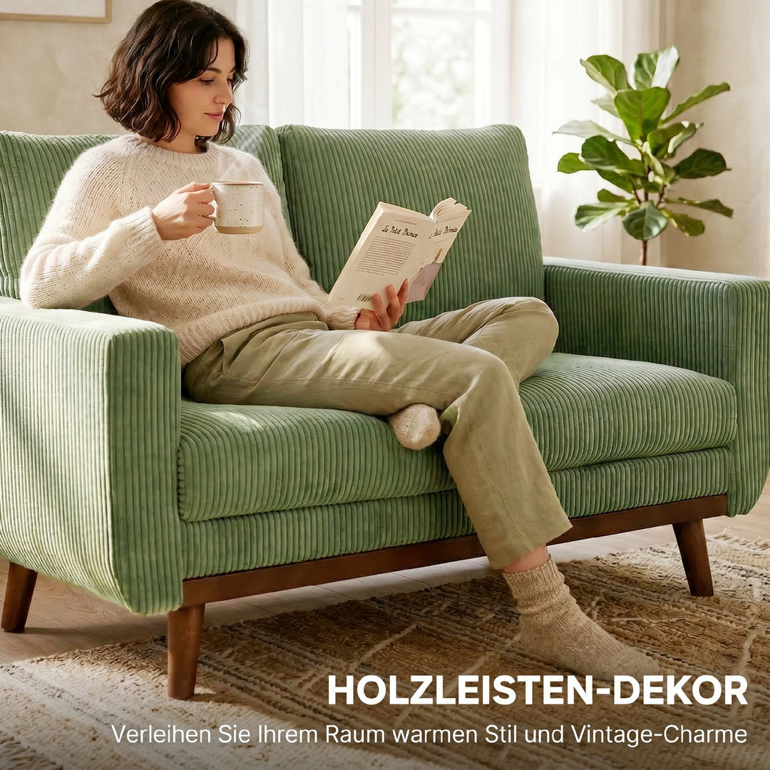 2-personers sofa, 134 cm fløjlssofa med pocketfjedre, tyk ryglæn, trælameldetaljer, grøn