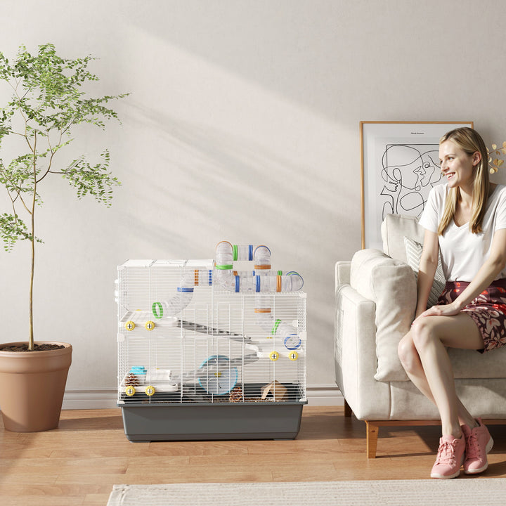 Dværghamsterbur, 4 niveauer, tunnelsystem, bur, tilbehør, topåbning, 78 x 45 x 73 cm, grå
