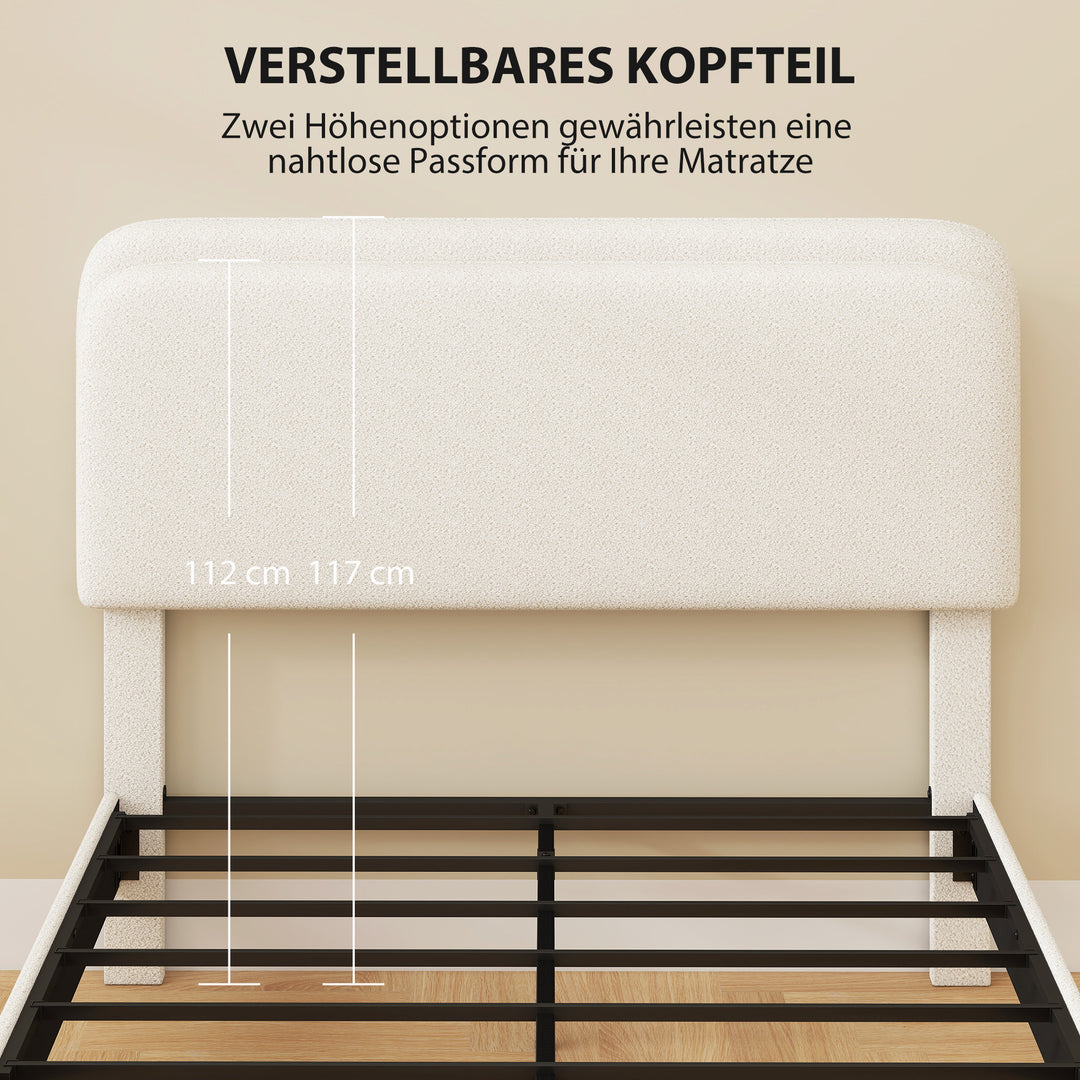 Seng 140x200 cm sengestel med justerbar, polstret hovedgærde i teddyfleece, nem montering, hvid