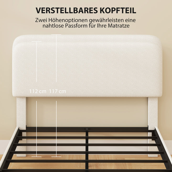 Seng 140x200 cm sengestel med justerbar, polstret hovedgærde i teddyfleece, nem montering, hvid