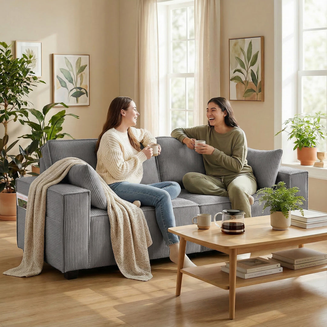 218 cm 3-personers sofa, moderne fløjlssofa med pocketfjederbetræk, brede armlæn og 2 hynder, lysegrå