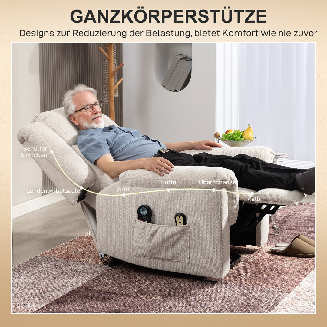 Powerlift-stol, massagestol med varmefunktion, polstret stol med fodstøtte, sidelomme, stofbetræk, beige
