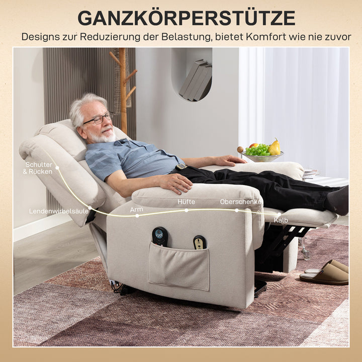 Powerlift-stol, massagestol med varmefunktion, polstret stol med fodstøtte, sidelomme, stofbetræk, beige