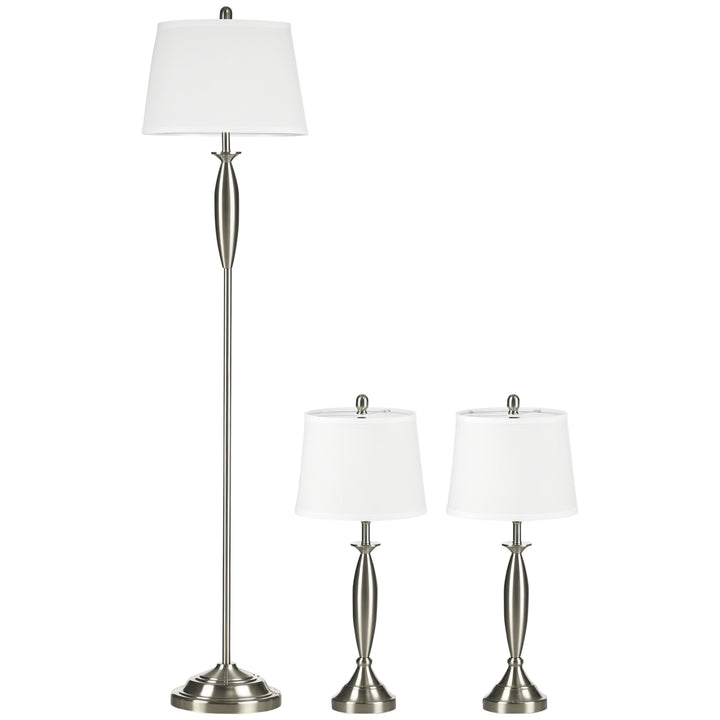 3-Delt belysningssæt. 1 gulvlampe, 2 bordlamper, linnedlook; 38 cm x 38 cm x 158 cm, sølv + hvid