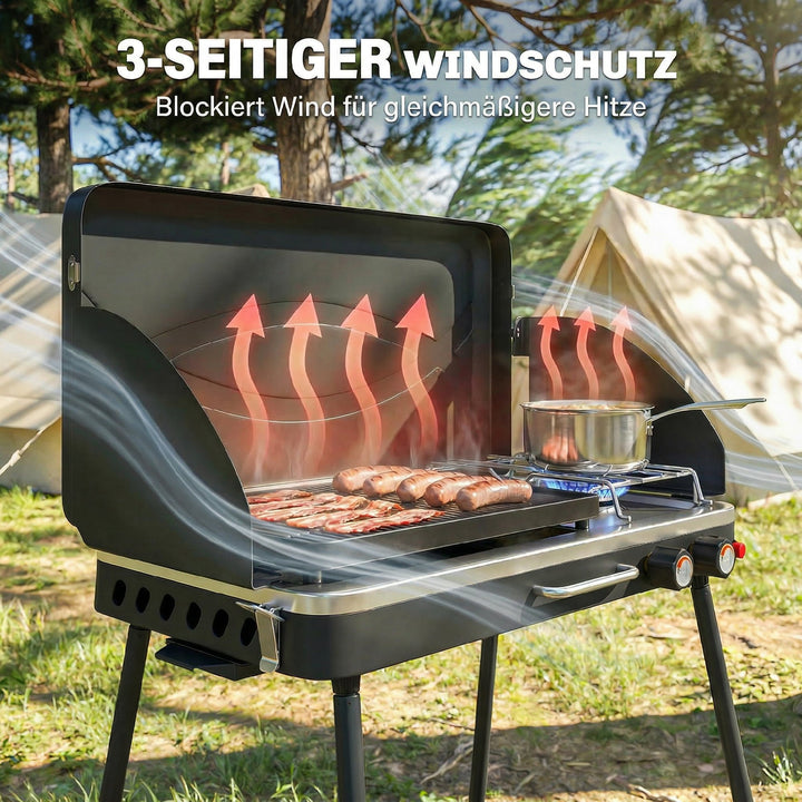 Bærbar gasgrill, 2 brændere, 7 kW, 2-i-1 bordgrill med stegefunktion, foldbare ben, grillrist, vindskærm, låg og låsemekanisme.