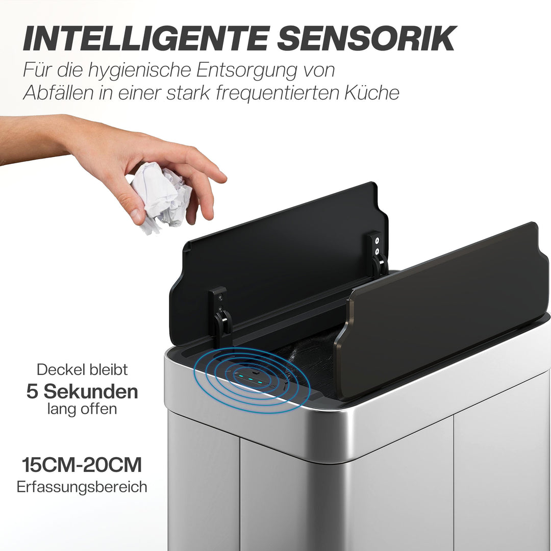 Sensorstyret skraldespand, 55 l kapacitet, sommerfuglelåg, åbner automatisk, rustfrit stål, sølv