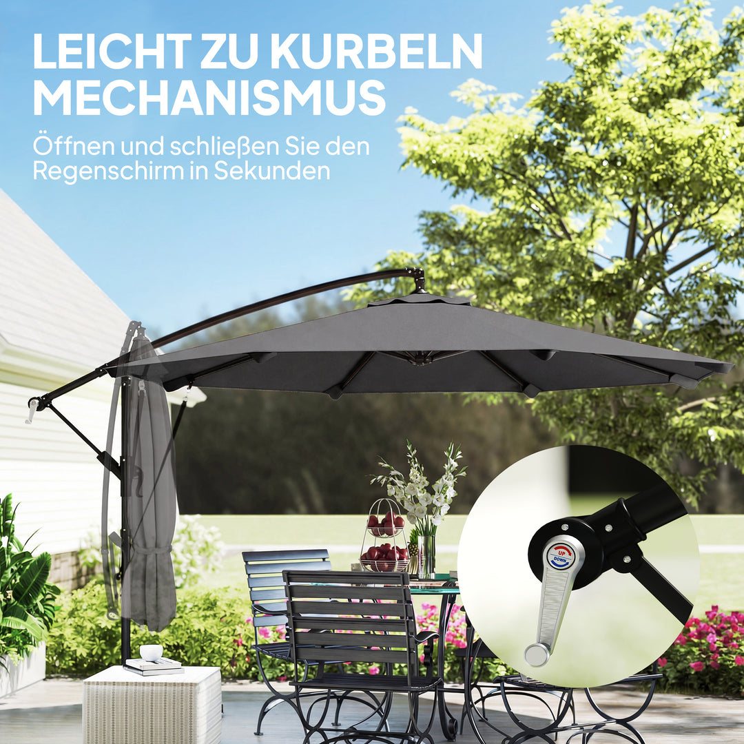 Fritstående parasol ca. Ø300 cm, vipbar, med håndsving, krydsfod, vindreb, beskyttelsesovertræk, mørkegrå