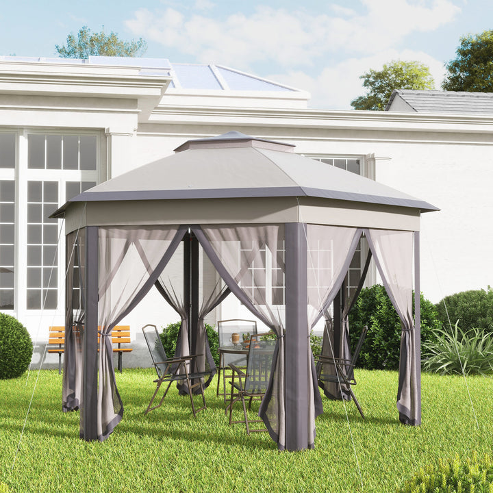 Havepavillon, foldbar pavillon, 4 x 4 m pop-up telt, partytelt inklusive bæretaske, 6 sidepaneler, dobbelt tag, sekskantet, beige