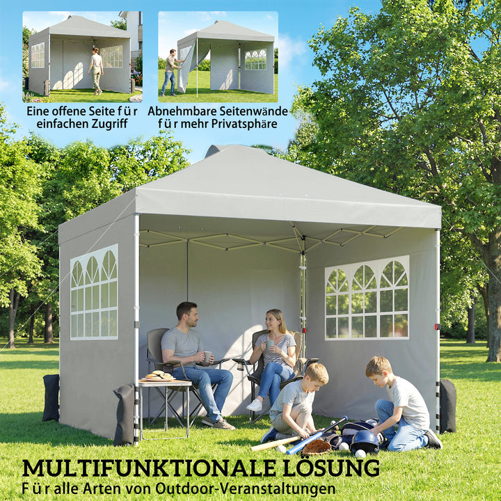 Pavillon ca. 3x3 m, vandtæt, højdejusterbar, pop-up foldbar pavillon med 3 sidepaneler, vinduesventilation, UV 50+, lysegrå