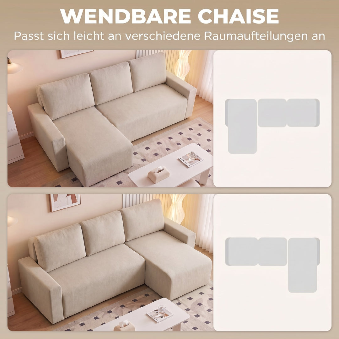 Hjørnesofa med sovefunktion og vendbar chaiselong, L-formet 3-personers sofa med velourbetræk, beige