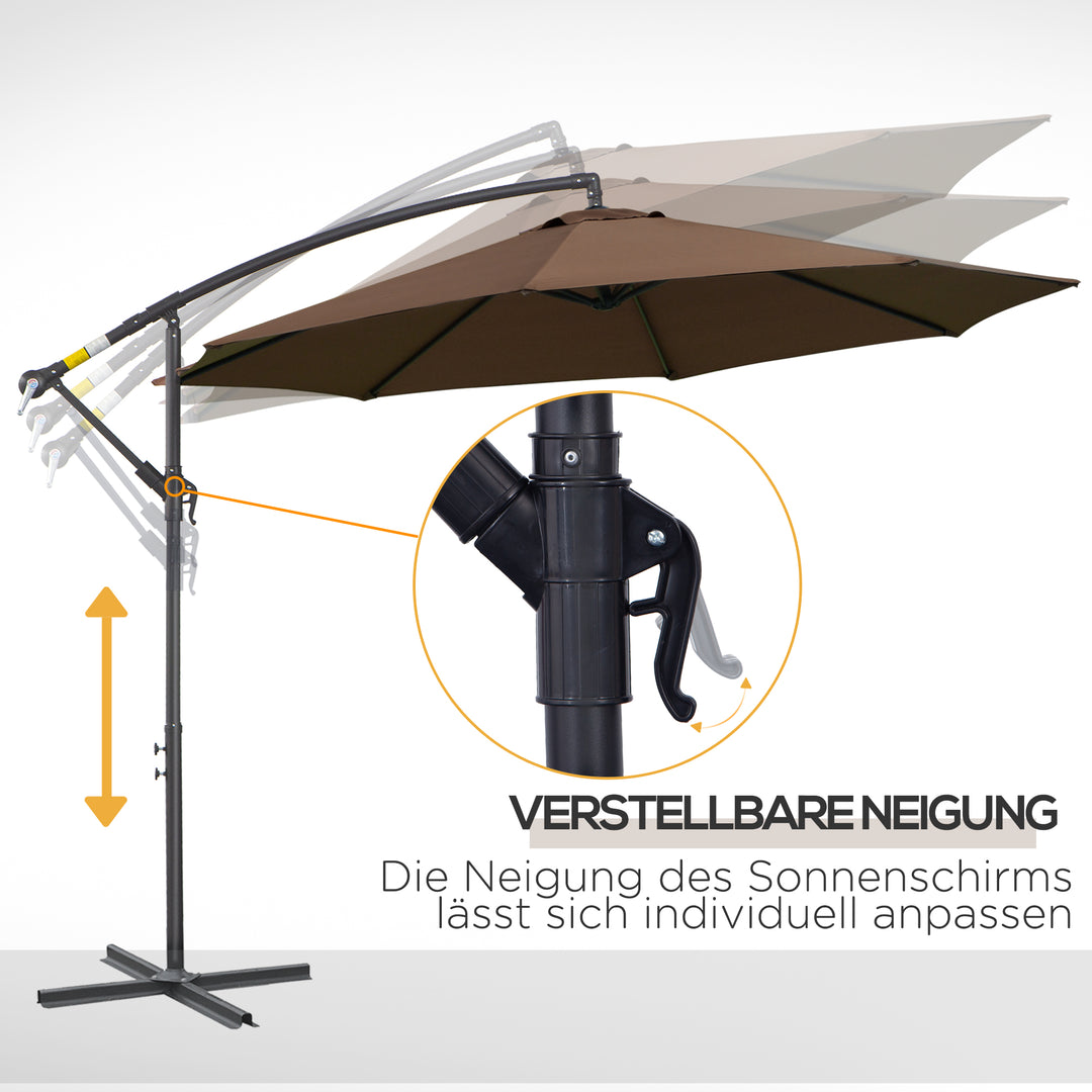 Parasol med håndsving, vejrbestandig, 3 m x 3 m x 2,5 m, stål, polyester, kaffe