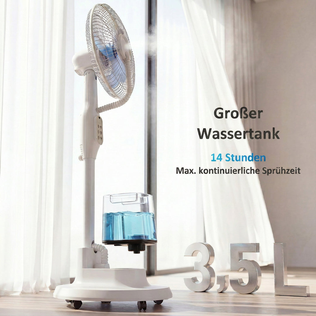 Stående ventilator med dugfunktion, 70° oscillation, 3 hastigheder, 3 tilstande, 3,5L vandtank, hvid