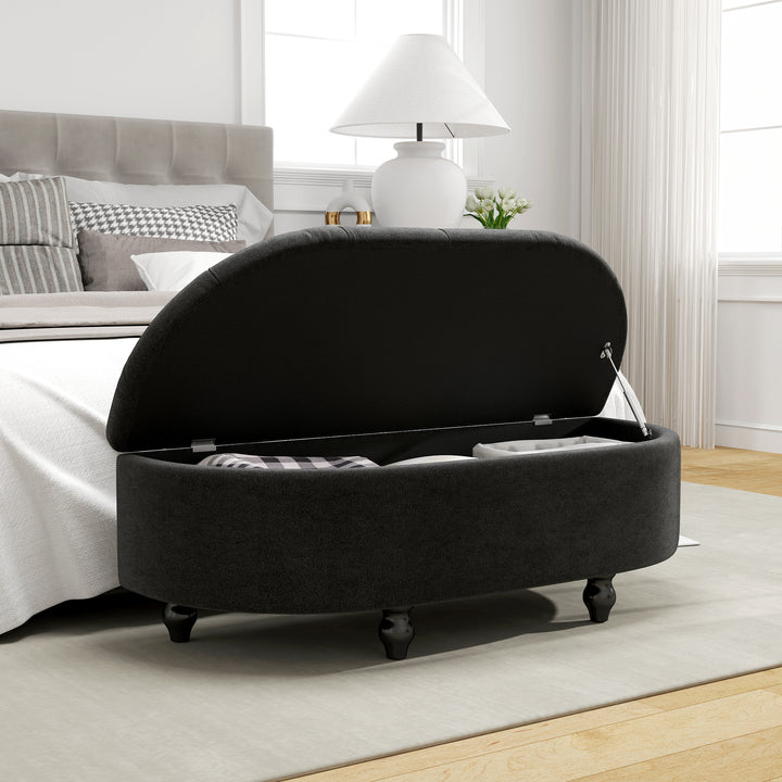 Skammel med opbevaringsplads, polstret sædekommode, soft-close låg, fløjlslook, 120 x 46 x 42 cm, mørkegrå