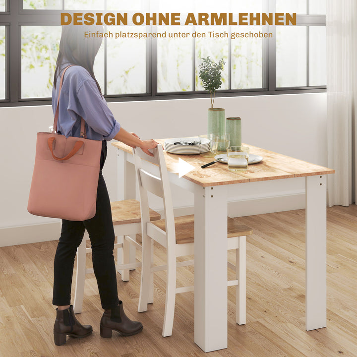 Sæt med 2 køkkenstole, gummitræ, buet lamellæn, hvid