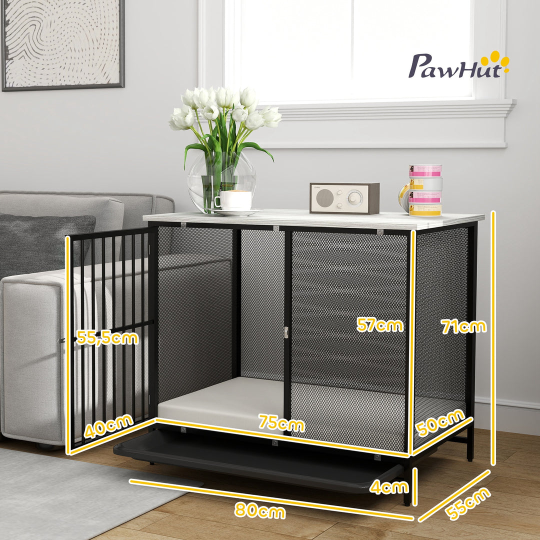 Hundebur med polstret seng, hævet bund, justerbare fødder, 80x55x71 cm, eg/sort
