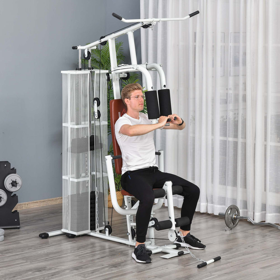 Fitnesscenter, multigym, fitnesscenter, fitnessudstyr inklusive vægte, lat pulldown, benbøjning, metal, PU-læder, hvid, 150 x 110 x 210 cm