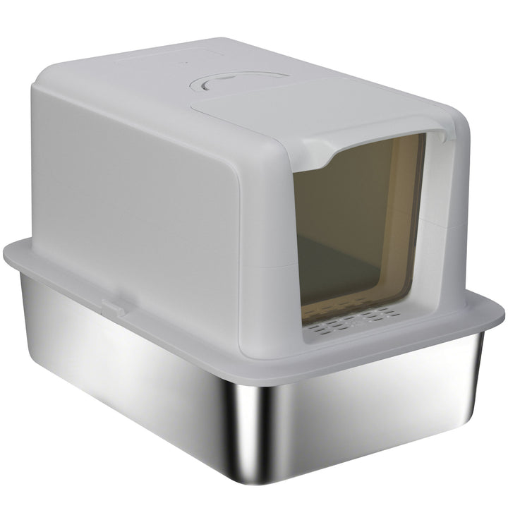 Kattebakke, bakke i rustfrit stål, filter, ske, til katte op til 6 kg, 40,5 x 60,5 x 41,5 cm, grå/sølv