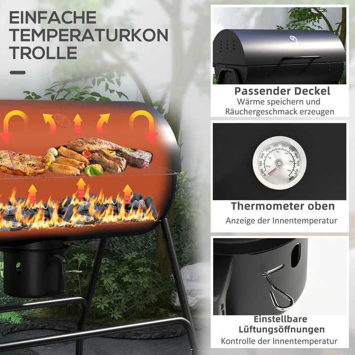 Metalkulgrill BBQ-ryger med låg, termometer, hjul, grillvogn, 95x71,5x102 cm, sort