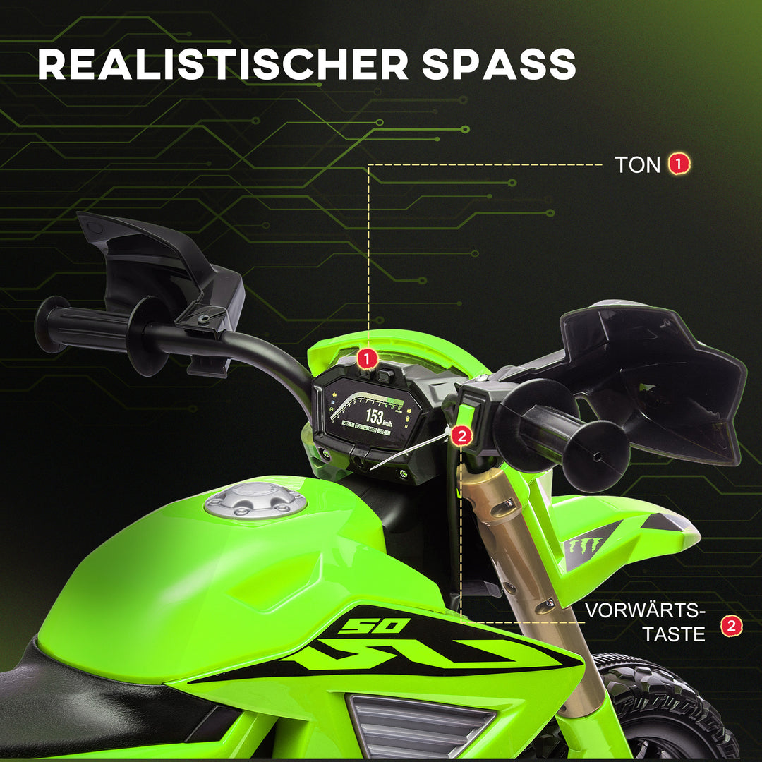 Elmotorcykel til børn, 6v batteridrevet, støttehjul, horn, startlyd, alder 3-8, grøn