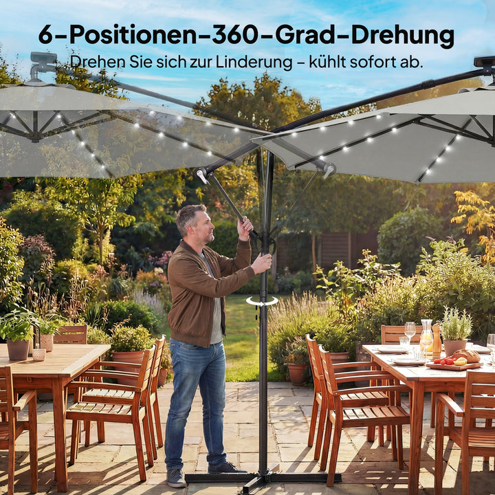 LED solcelledrevet parasol, ca. Ø300 cm, drejelig, med håndsving, beskyttelsesovertræk, lysegrå