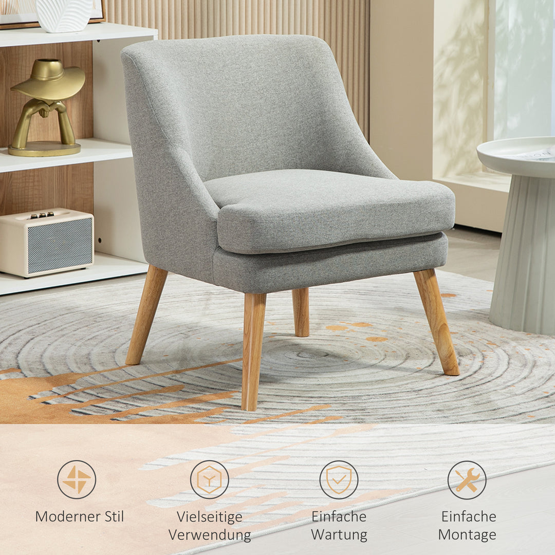 Polstret loungestol i linnedlook med armlæn og træben til stue eller soveværelse, lysegrå