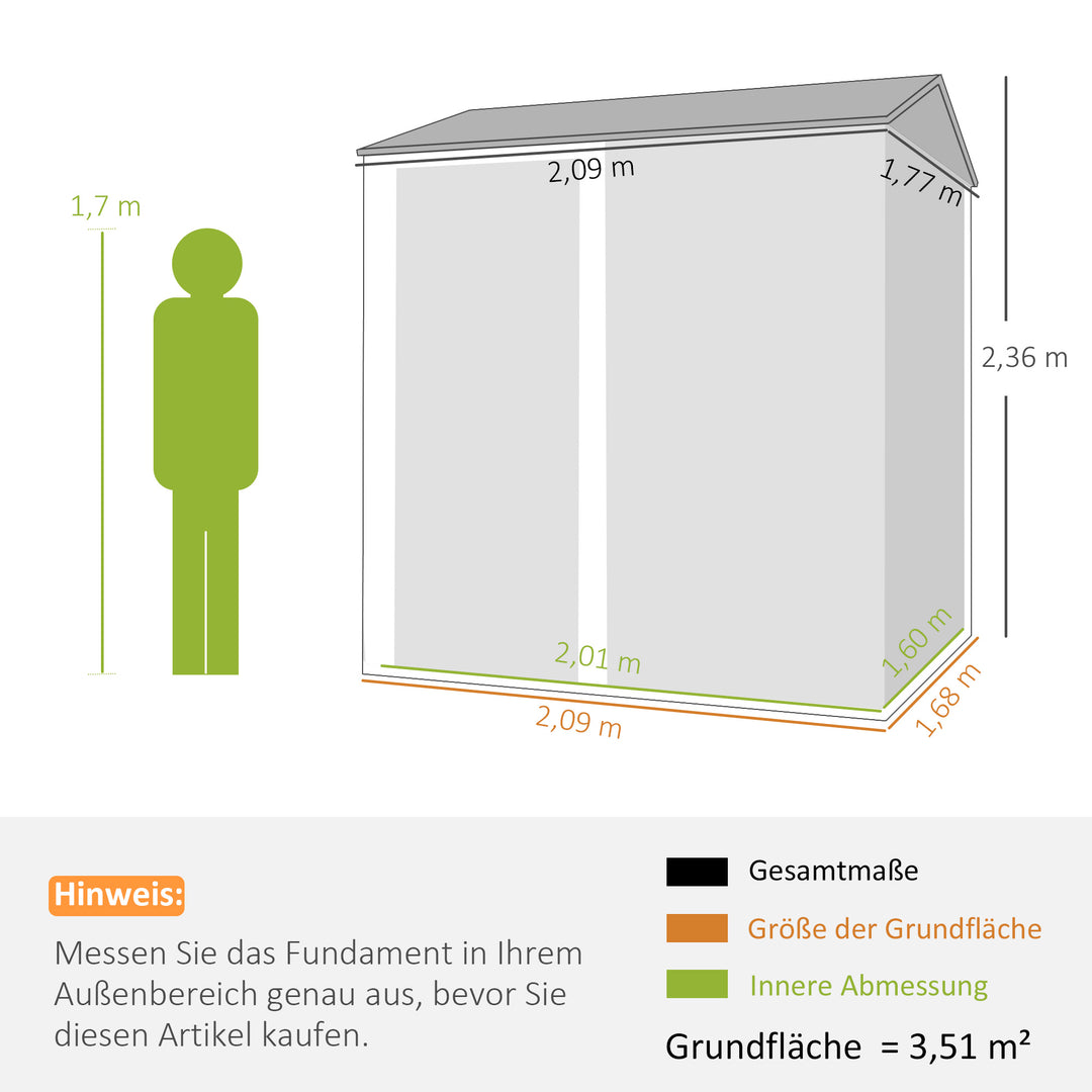 Metalskur 3,5 m², højt aflåseligt skur med skråtag, ventilation, handsker, 209 x 177 x 236 cm