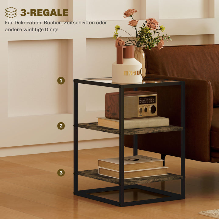 Sæt med 2 sideborde med glasplade, 3-lags design, metalstel, brun