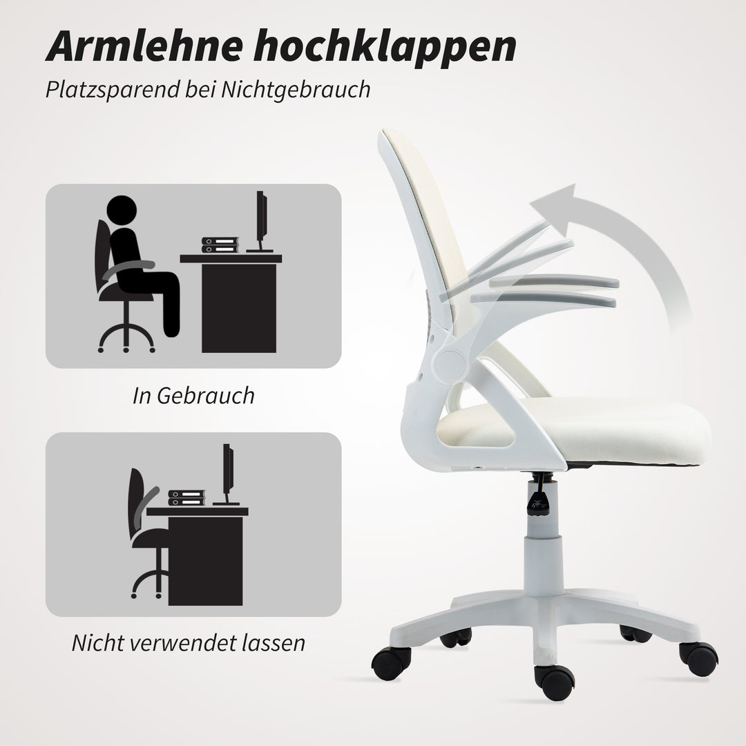 Åndbar netkontorstol, ergonomisk drejestol med foldbare armlæn og lændestøtte, hvid