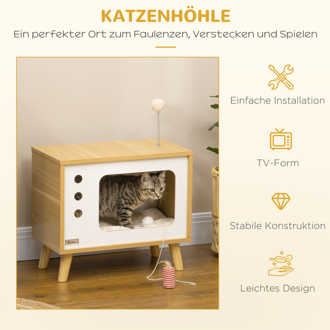 Kattehule i tv-design inklusive legetøj, vaskbar pude, 50 cm x 28 cm x 43 cm, eg + beige + hvid