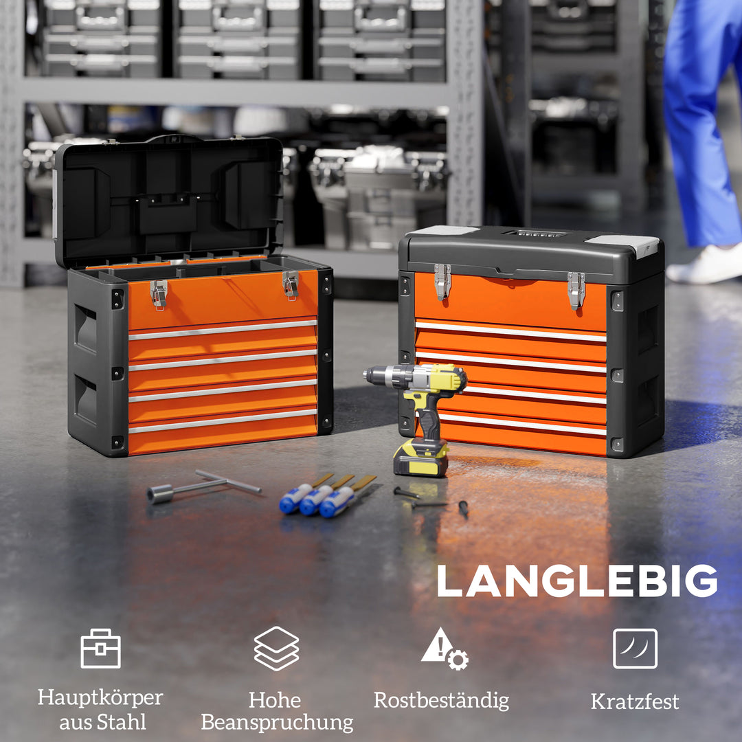 Tom værktøjskasse, 49,7 x 25,3 x 40,7 cm værktøjskasse med 4 skuffer, minikasse stål orange