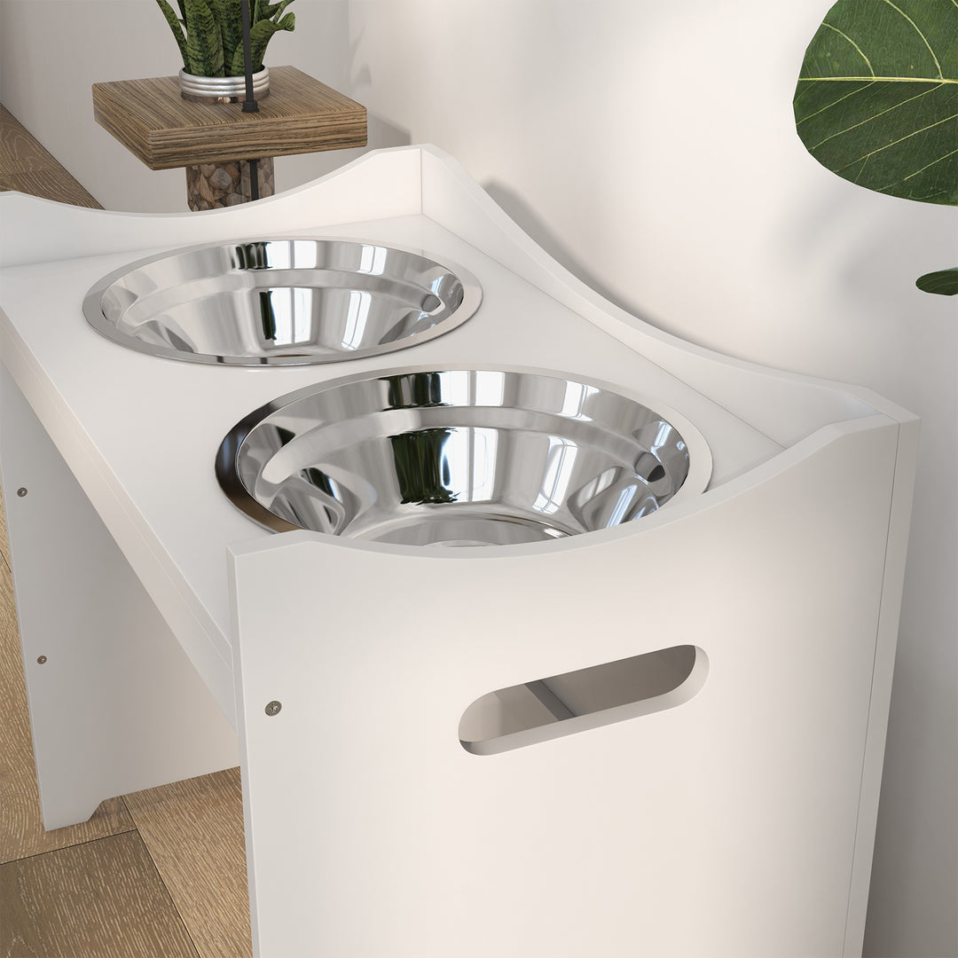 Foderstation til hunde, 2 skåle i rustfrit stål, højdejusterbar, 54x31,5x47cm, hvid