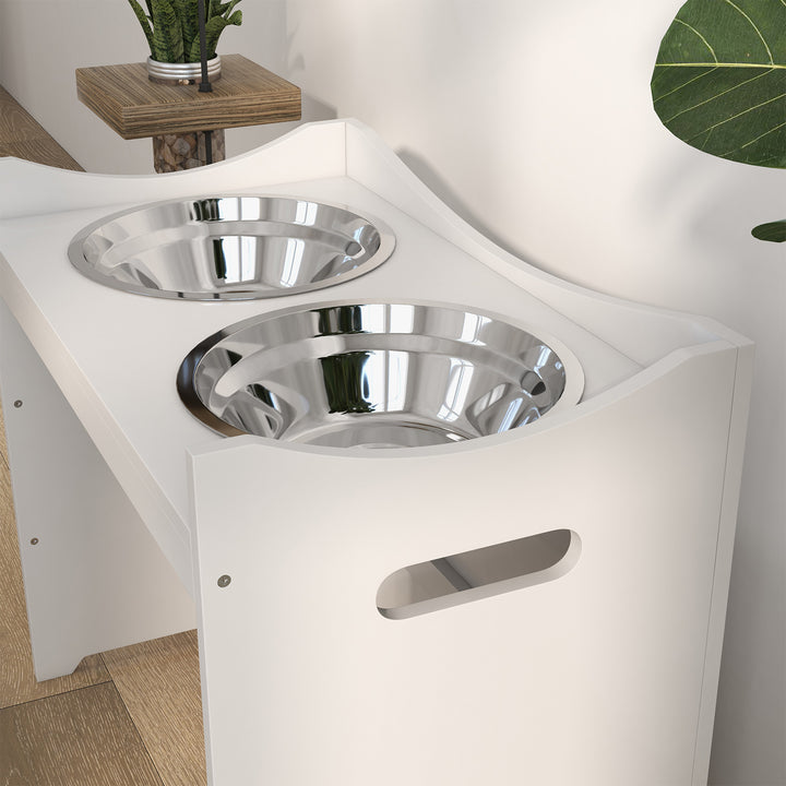 Foderstation til hunde, 2 skåle i rustfrit stål, højdejusterbar, 54x31,5x47cm, hvid