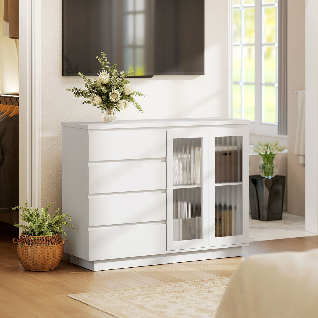 Buffetskab, skænk med 4 skuffer, 2 vitrinelåger, moderne design, MDF, hvid